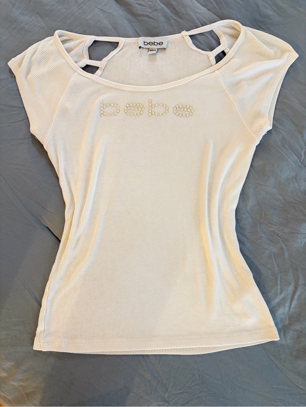 Vintage Y2K bebe White Ribbed Scoop Neck Top with Rhinestone Logo - Picture 2 of 6